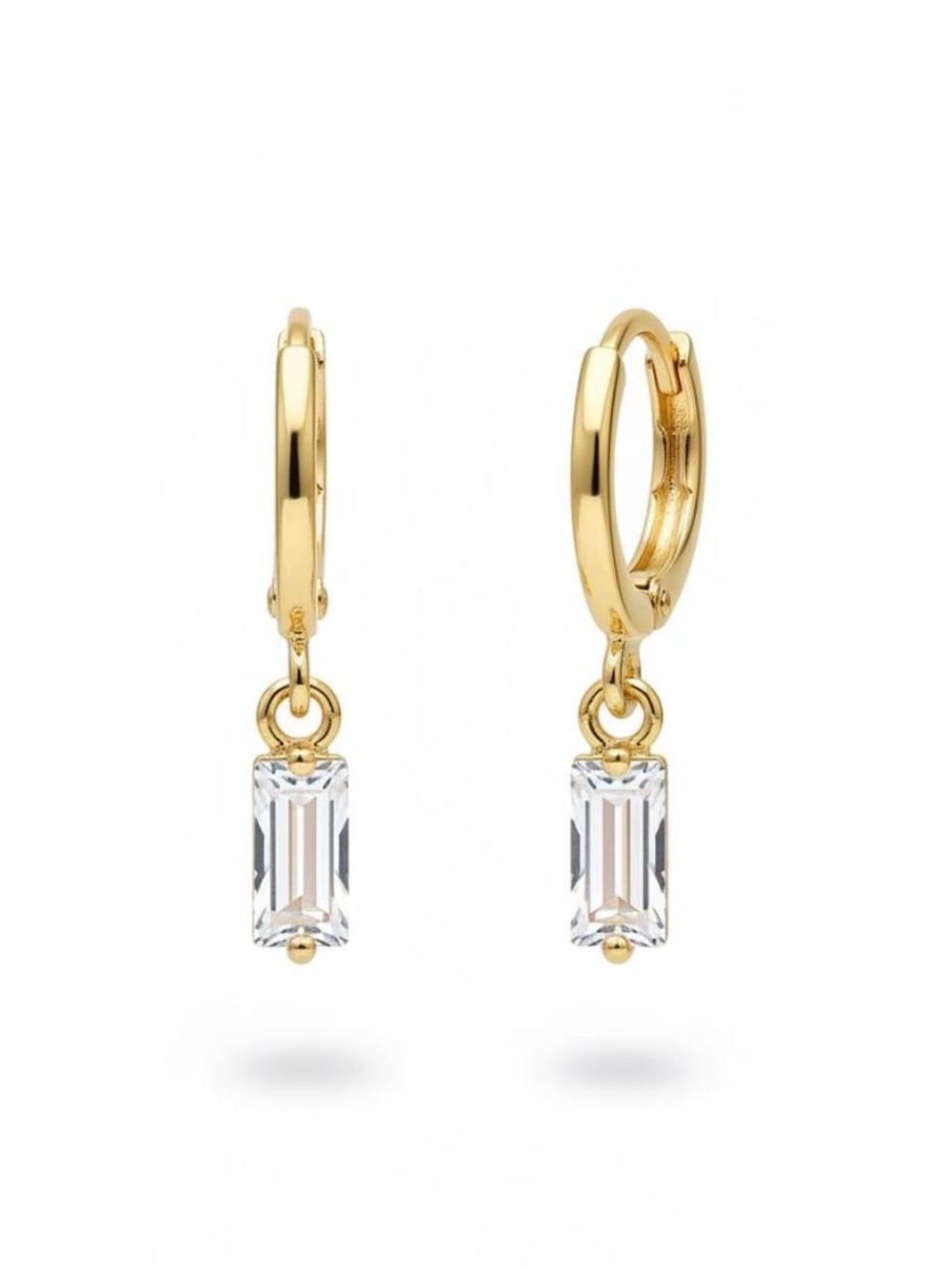 Gold Huggie Earrings with Clear Baguette Drop